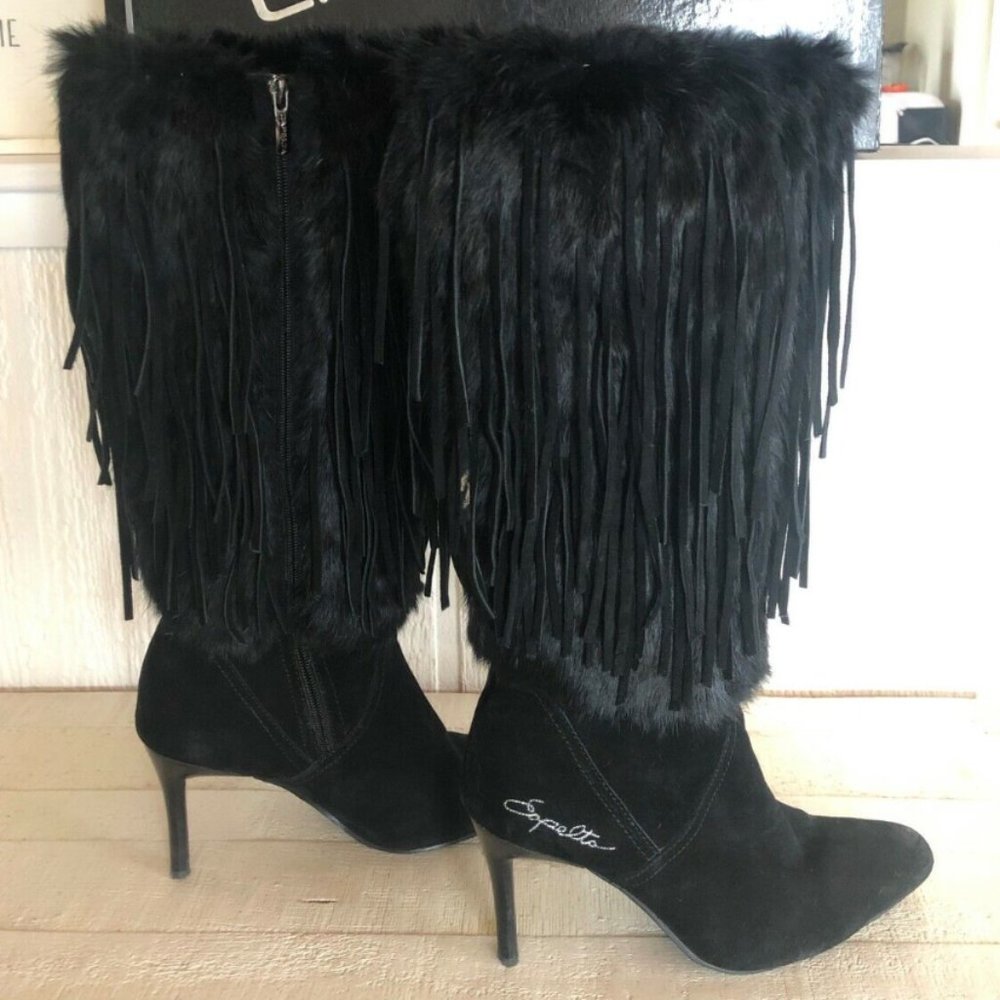 Capelta Couture Fringe Suede / Fur Black Boots